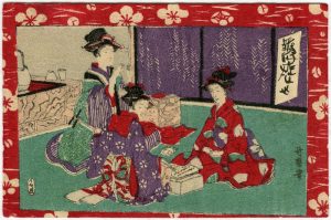 Tre maiko in un interno: la prima cuce, la seconda suona lo shamisen, la terza legge