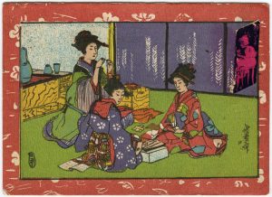 Tre maiko in un interno: la prima cuce, la seconda suona lo shamisen, la terza legge